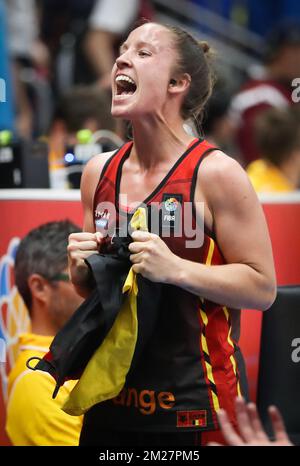 Belgian Cats Marjorie Carpreaux festeggia dopo aver vinto una partita tra il belga Cats, nazionale belga squadra basket, e la Lettonia, nel primo round della FIBA Eurobasket Women 2017, lunedì 19 giugno 2017, a Praga, Repubblica Ceca. BELGA PHOTO VIRGINIE LEFOUR Foto Stock