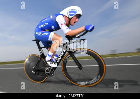 Il belga asciuga Devenys dei piani Quick-Step raffigurati in azione durante la corsa individuale a cronometro maschile dei campionati belgi, a Chimay, giovedì 22 giugno 2017. FOTO DI BELGA DAVID STOCKMAN Foto Stock