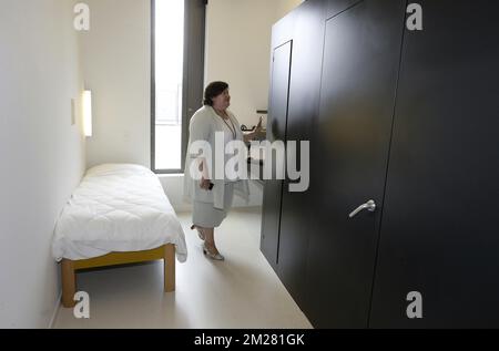 Ministro della Sanità e degli Affari sociali Maggie De Block, nella foto dell'apertura del centro psichiatrico forense ad Anversa, giovedì 29 giugno 2017. FOTO DI BELGA NICOLAS MAETERLINCK Foto Stock