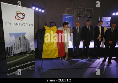 Minister of Health and Social Affairs Maggie De Block, Minister of Justice Koen Geens and Vice-Prime Minister and Interior Minister Jan Jambon pictured during the opening of the forensic psychiatric centre in Antwerp, Thursday 29 June 2017. BELGA PHOTO NICOLAS MAETERLINCK Stock Photo