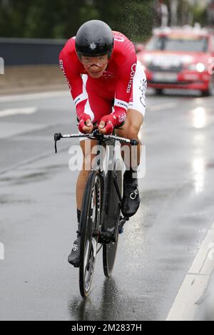 Belgian Dimitri Claeys of Cofidis, Solutions Credits pictured in action during the first stage of the 104rth edition of the Tour de France cycling race, a 14km individual time trial, Saturday 01 July 2017 in Dusseldorf, Germany. This year's Tour de France takes place from July first to July 23rd. BELGA PHOTO YUZURU SUNADA Stock Photo