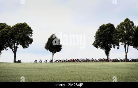 L'immagine mostra il pacco di piloti in azione durante la terza tappa della 104th edizione della gara ciclistica Tour de France, a 212,5 km da Verviers, Belgio a Longwy, Francia, lunedì 03 luglio 2017. Il Tour de France di quest'anno si svolge dal primo al 23rd luglio. FOTO DI BELGA YORICK JANSENS Foto Stock