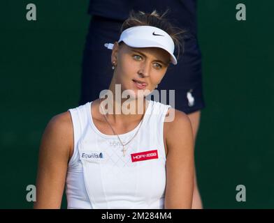 Il belga Maryna Zanevska sembra sconsolato dopo una prima partita di single da donna tra il belga Maryna Zanevska e l'inglese Heather Watson al torneo di tennis di Wimbledon Grand Slam all'All England Tennis Club, nel sud-ovest di Londra, in Gran Bretagna, lunedì 03 luglio 2017. BELGA FOTO BENOIT DOPPAGNE Foto Stock