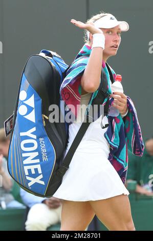 Belgian Yanina Wickmayer a tennis game between Belgian Yanina Wickmayer (WTA 95) and Spanish Garbine Muguruza (WTA 15), in the second round of the ladies' singles at the Wimbledon grand slam tennis tournament at the All England Tennis Club, in southwest London, Britain, Thursday 06 July 2017. BELGA PHOTO BENOIT DOPPAGNE  Stock Photo