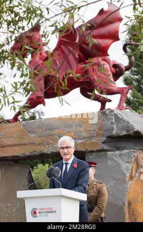 Flemish Minister-President Geert Bourgeois delivers a speech at the Welsh National Service of Remembrance at the Welsh National Memorial Park to mark the centenary of Passchendaele, the third battle of Ypres on 30th and 31st July 2017, Monday 31 July 2017. BELGA PHOTO POOL BENOIT DOPPAGNE Stock Photo