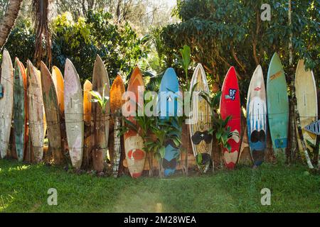 Parete colorata e fresca fatta di tavole da surf a dadini Foto Stock