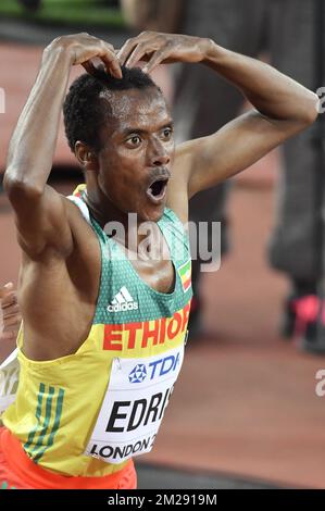 Il Muktar Edris dell'Etiopia vince la finale Men 5000m nella nona giornata dei Campionati Mondiali IAAF 2017 a Londra, nel Regno Unito, sabato 12 agosto 2017. I Mondi si svolgono dal 4 al 13 agosto. FOTO DI BELGA DIRK WAEM Foto Stock