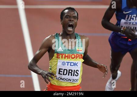 Il Muktar Edris dell'Etiopia vince la finale Men 5000m nella nona giornata dei Campionati Mondiali IAAF 2017 a Londra, nel Regno Unito, sabato 12 agosto 2017. I Mondi si svolgono dal 4 al 13 agosto. FOTO DI BELGA DIRK WAEM Foto Stock