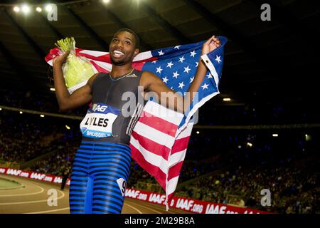 US Noah Lyles festeggia dopo aver vinto la gara maschile del 200m all'AG Insurance Memorial Van Damme Athletics, l'ultimo incontro della IAAF Diamond League, venerdì 01 settembre 2017 a Bruxelles BELGA FOTO JASPER JACOBS Foto Stock