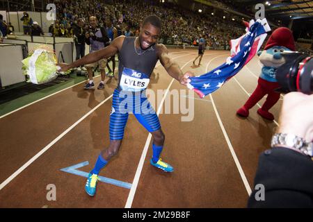 US Noah Lyles festeggia dopo aver vinto la gara maschile del 200m all'AG Insurance Memorial Van Damme Athletics, l'ultimo incontro della IAAF Diamond League, venerdì 01 settembre 2017 a Bruxelles BELGA FOTO JASPER JACOBS Foto Stock