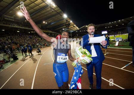 US Noah Lyles festeggia dopo aver vinto i 200m uomini all'AG Insurance Memorial Van Damme Athletics, l'ultimo meeting della IAAF Diamond League, venerdì 01 settembre 2017 a Bruxelles BELGA FOTO JASPER JACOBS Foto Stock