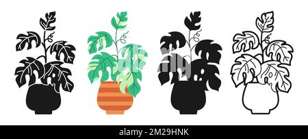 Casa vaso pianta mostera cartone animato set icona. Esotico piante da casa simbolo di linea flowerpot. Casa botanica monstera pianta in vaso doodle ceramica, icona o silhouette collezione. Fogliame pianta in vaso vettore Illustrazione Vettoriale