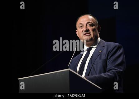 20150919 - NAMUR, BELGIO: Il Presidente del Ministro vallone Willy Borsus parla durante una cerimonia durante i festeggiamenti alle Fetes de Wallonie (feste valloni) a Namur, sabato 19 settembre 2015. FOTO DI BELGA ANTHONY DEHEZ Foto Stock