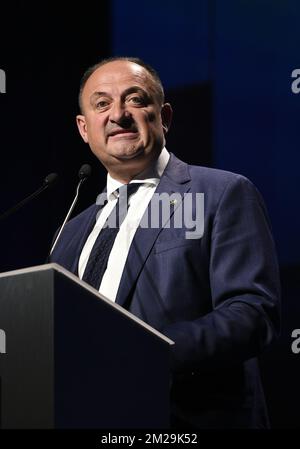 20150919 - NAMUR, BELGIO: Il Presidente del Ministro vallone Willy Borsus parla durante una cerimonia durante i festeggiamenti alle Fetes de Wallonie (feste valloni) a Namur, sabato 19 settembre 2015. FOTO DI BELGA ANTHONY DEHEZ Foto Stock