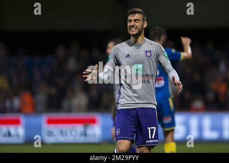 Massimo Bruno di Anderlecht reagisce durante una partita finale di Coppa Croky 1/16 tra Westerlo (1B) e RSC Anderlecht, a Westerlo, mercoledì 20 settembre 2017. BELGA FOTO KRISTOF VAN ACCOM Foto Stock