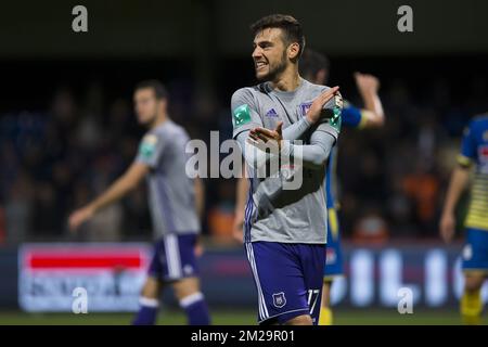 Massimo Bruno di Anderlecht reagisce durante una partita finale di Coppa Croky 1/16 tra Westerlo (1B) e RSC Anderlecht, a Westerlo, mercoledì 20 settembre 2017. BELGA FOTO KRISTOF VAN ACCOM Foto Stock