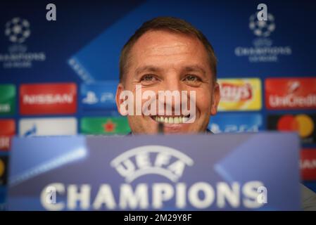 L'allenatore capo del Celtic Brendan Rodgers ha mostrato la foto durante una conferenza stampa della squadra scozzese del Celtic FC, martedì 26 settembre 2017 a Bruxelles. Domani Celtic sta giocando una partita nella fase di gruppo (Gruppo B) del concorso UEFA Champions League contro la squadra di calcio belga RSC Anderlecht. BELGA PHOTO VIRGINIE LEFOUR Foto Stock