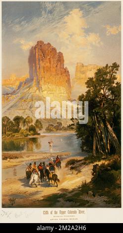 Cliffs of the Upper Colorado River, Wyoming Territory , Cliffs, Mountains, Rivers, Horses, Horseback riding. Louis Prang & Company Collection Stock Photo