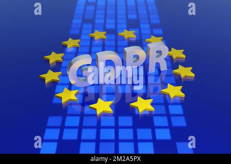 Un anello di stelle dorate e quattro lettere GDPR su sfondo blu digitale a blocchi. Regolamento generale sulla protezione dei dati (PIL) dell'Unione europea Foto Stock