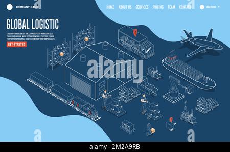 3D isometric Set of logistics solutions concept with Global Logistics, Warehouse Logistics, Maritime Transport, Online delivery, Export and Import. Illustrazione Vettoriale