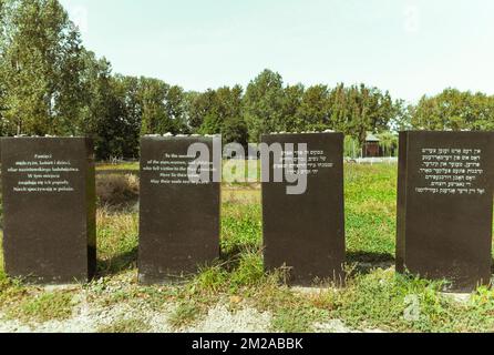 Auschwitz Monumenti in diverse lingue spiegando in quel luogo si trovano le ceneri di uomini, donne, bambini Auschwitz-Birkenau vittime della concentrazione nazista Foto Stock