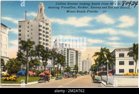 Collins Avenue guardando verso sud da 36th St. Mostrando Versailles, Richter, Sassonia, e Sea Isle Hotels, Miami Beach, Florida , Hotels, Tichnor Brothers Collection, Cartoline degli Stati Uniti Foto Stock