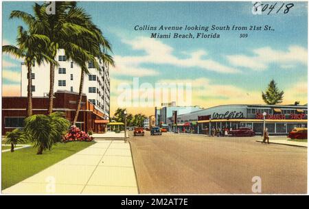 Collins Avenue guardando a sud da 21st St., Miami Beach, Florida , Città e paesi, strutture commerciali, Tichnor Brothers Collection, cartoline degli Stati Uniti Foto Stock