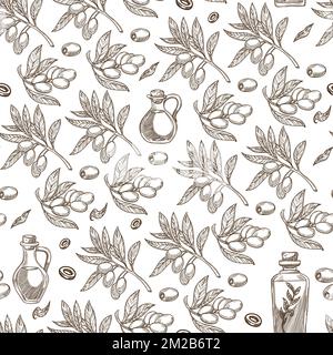 Pianta di olive, rami con bacche e olio senza cuciture motivo Illustrazione Vettoriale