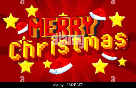 Buon Natale. Parola pixellata con sfondo grafico geometrico. Illustrazione del cartoon vettoriale. Illustrazione Vettoriale