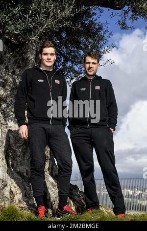 Il belga Remy Mertz di Lotto Soudal e il belga Maxime Monfort di Lotto Soudal, raffigurati durante la tappa della squadra ciclistica di Lotto-Soudal a Maiorca, in Spagna, in vista della nuova stagione ciclistica, sabato 16 dicembre 2017. FOTO DI BELGA DIRK WAEM Foto Stock