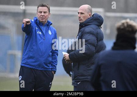 Genk's assistant coach Jos Daerden and Genk's new head coach Philippe Clement pictured during a training session of Belgian soccer team KRC Genk, with their new coach, Wednesday 20 December 2017 in Genk. BELGA PHOTO YORICK JANSENS Stock Photo