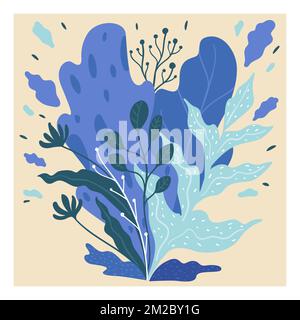 Fogliame blu e rami con foglie, flora decorativa Illustrazione Vettoriale