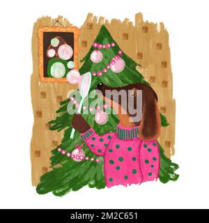 Illustrazione disegnata a mano del dachshund del cane in maglione rosa vicino all'albero di natale nell'interno della stanza domestica. Carino carattere inverno design per poster invito scheda, divertente stampa per bambini allegro dicembre decorazione d'arte Foto Stock