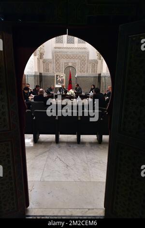 Il vice primo ministro e ministro degli Affari esteri Didier Reynders e il professor Ahmed Abbadi hanno illustrato nel corso di una riunione del secondo giorno di una visita diplomatica del ministro degli Affari esteri belga a Morocco, giovedì 25 gennaio 2018, a Rabat, in Marocco. FOTO DI BELGA ERIC LALMAND Foto Stock