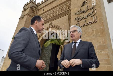 Il vice primo ministro e ministro degli Affari esteri Didier Reynders e il professor Ahmed Abbadi hanno illustrato nel corso di una riunione del secondo giorno di una visita diplomatica del ministro degli Affari esteri belga a Morocco, giovedì 25 gennaio 2018, a Rabat, in Marocco. FOTO DI BELGA ERIC LALMAND Foto Stock