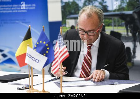 Christian Boas, direttore GENERALE DI ASCO, ha illustrato durante un incontro per confermare la collaborazione a lungo termine tra ASCO Industries e Lockheed Martin, e la presentazione di un simulatore di volo F-35, a Zaventem, giovedì 25 gennaio 2018. FOTO DI BELGA LAURIE DIEFFEMBACQ Foto Stock