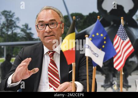 Christian Boas, direttore GENERALE DI ASCO, ha illustrato durante un incontro per confermare la collaborazione a lungo termine tra ASCO Industries e Lockheed Martin, e la presentazione di un simulatore di volo F-35, a Zaventem, giovedì 25 gennaio 2018. FOTO DI BELGA LAURIE DIEFFEMBACQ Foto Stock