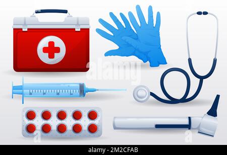 Set of medical and scientific equipments . Medical box . Sterilized gloves . Stethoscope . Syringe and needle . Drug . Otoscope . Vector . Stock Vector