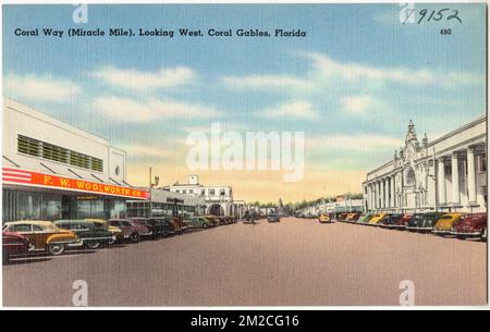 Coral Way (Miracle Mile), guardando ad ovest, Coral Gables, Florida , Città e paesi, Tichnor Brothers Collection, cartoline degli Stati Uniti Foto Stock