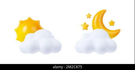 3d rendering icone meteo sole e mezzaluna con stelle che brillano dietro di nuvole bianche. Elementi di previsione del clima diurno e notturno per app o web design. Illustrazione cartoon in plastica stile minimal Foto Stock