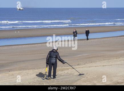 Donna anziana con metal detector beachcombing sulla spiaggia di sabbia lungo la costa del Mare del Nord in inverno | Femme agée, pilleur d'épaves armée de détecteur de métaux sur la plage de la Côte Belge 30/01/2018 Foto Stock