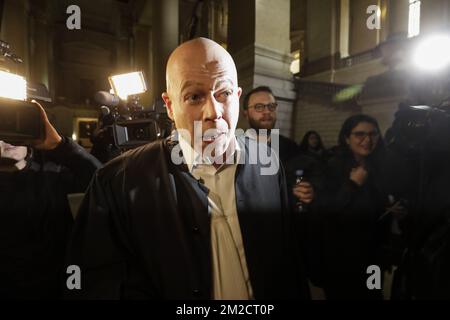 Lawyer Sven Mary, representing Abdeslam, pictured during the first day of the trial of Abdeslam and Ayari for attempted murder in a terrorist context, on March 15th in the Rue Dries - Driesstraat in Forest - Vorst, in Brussels, in front of the Brussels criminal court, Monday 05 February 2018. In the shooting, five police officers were injured and an alleged terrorist, Mohamed Belkaid, was killed. The shooting happened during a search of the apartment, part of the investigation on the Paris terrorist attacks. BELGA PHOTO THIERRY ROGE Stock Photo