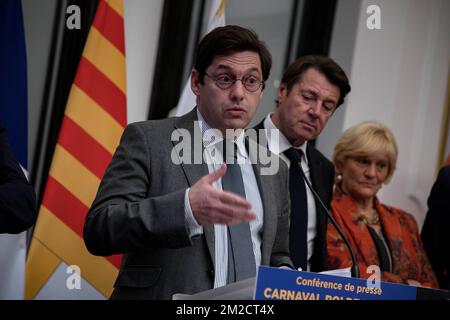 Georges-Franois Leclerc prefetto delle Alpi Marittime, durante la conferenza stampa del Carnevale di Nizza 2018. | Leclerc préfet des Alpes Maritimes, Lors de la conférence de presse du Carnaval de Nice 2018. 05/02/2018 Foto Stock