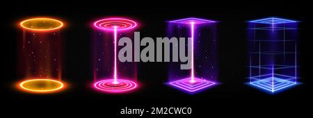 Set di portali neon futuristici su sfondo trasparente. Rappresentazione vettoriale realistica della porta olografica quadrata rotonda che si illumina in giallo, rosso, viola, blu. Realtà virtuale, podi cyber-spazio Illustrazione Vettoriale