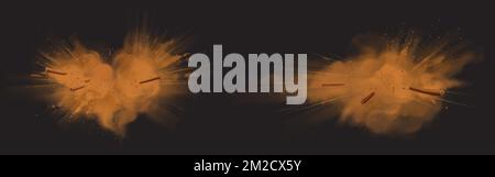 Nuvole di polvere di corteccia di cannella e strisce sparse in aria. Rappresentazione vettoriale realistica Set di polvere e bastoncini di condimento aromatici marroni isolati su sfondo nero. Ingrediente aromatherapy fragrante Illustrazione Vettoriale