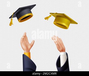Students, college or university graduates throw up black and gold caps in air. People hands and flying graduation hats isolated on transparent background, vector 3d illustration Illustrazione Vettoriale