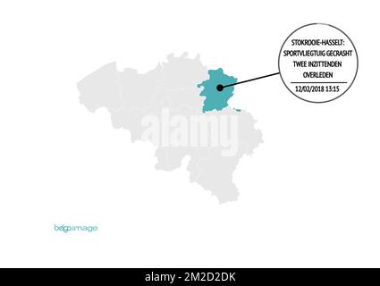 Infographic in Dutch regarding a crash of a light-sports airplane in Stokrooie, Hasselt, Monday 12 February 2018. According to the first information the plane flew into an overhead power line, two people died in the crash. BELGA PHOTO MORGAN DUBUISSON  Stock Photo