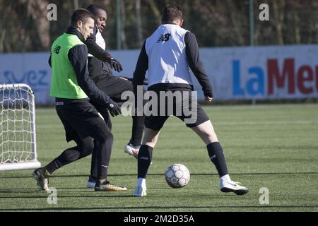 I giocatori di Standard sono raffigurati in azione durante una sessione di allenamento aperto della squadra di calcio belga Standard de Liege, mercoledì 14 febbraio 2018, ad Angleur. BELGA FOTO KOEN BLANCKAERT Foto Stock