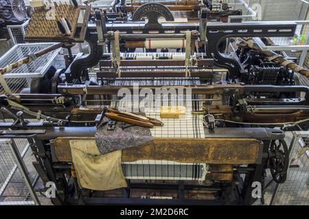 Mechanical flying shuttle loom / Tattersall & Holdsworth shuttle weaving machine in cotton mill / spinning-mill | Métier à tisser mécanique dans filature cotonnière 11/02/2018 Stock Photo