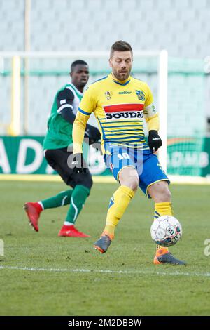 Benjamin 'Benji' De Ceulaer di Westerlo combatte per la palla durante una partita di calcio tra Cercle Brugge KSV e KVC Westerlo, domenica 25 febbraio 2018, il 28° giorno del concorso della divisione 1B della Proximus League del campionato belga. BELGA FOTO KURT DESPLENTER Foto Stock